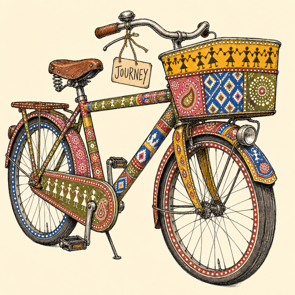A sturdy vintage roadster bicycle illustrated in a loose pen-and-ink ...
